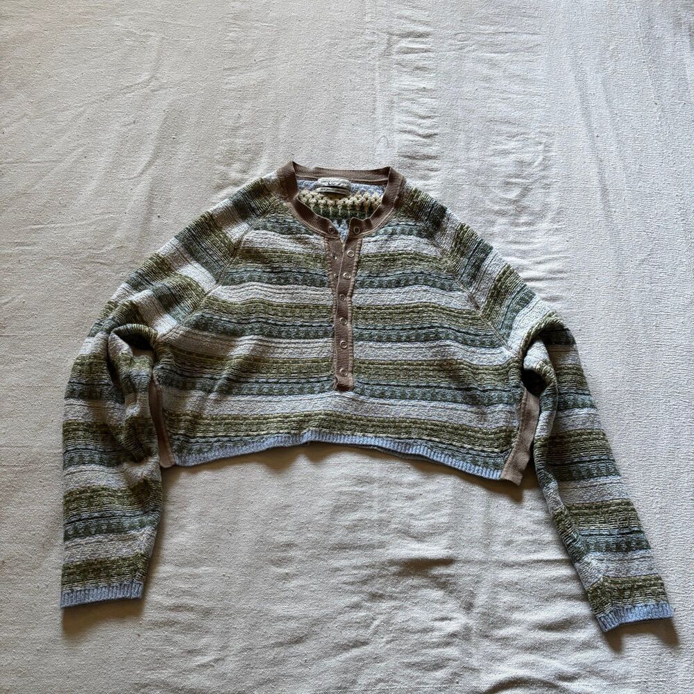 Urban Outfitters Cropped Striped Henley Knit Sweater (Extra Small)
